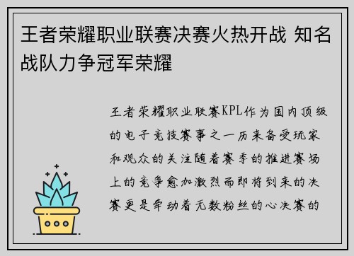 王者荣耀职业联赛决赛火热开战 知名战队力争冠军荣耀