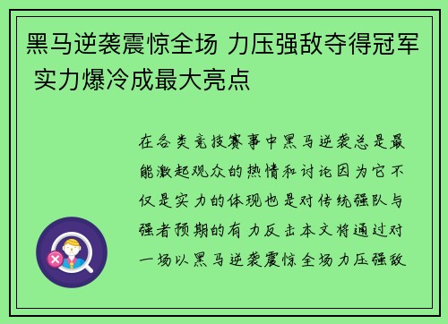黑马逆袭震惊全场 力压强敌夺得冠军 实力爆冷成最大亮点